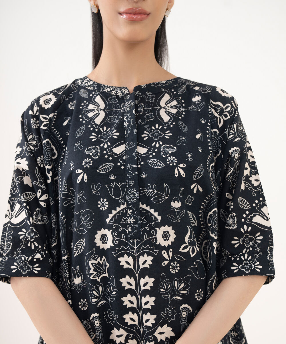 Women's RTW Cotton Viscose Black Printed Drop Shoulder Shirt