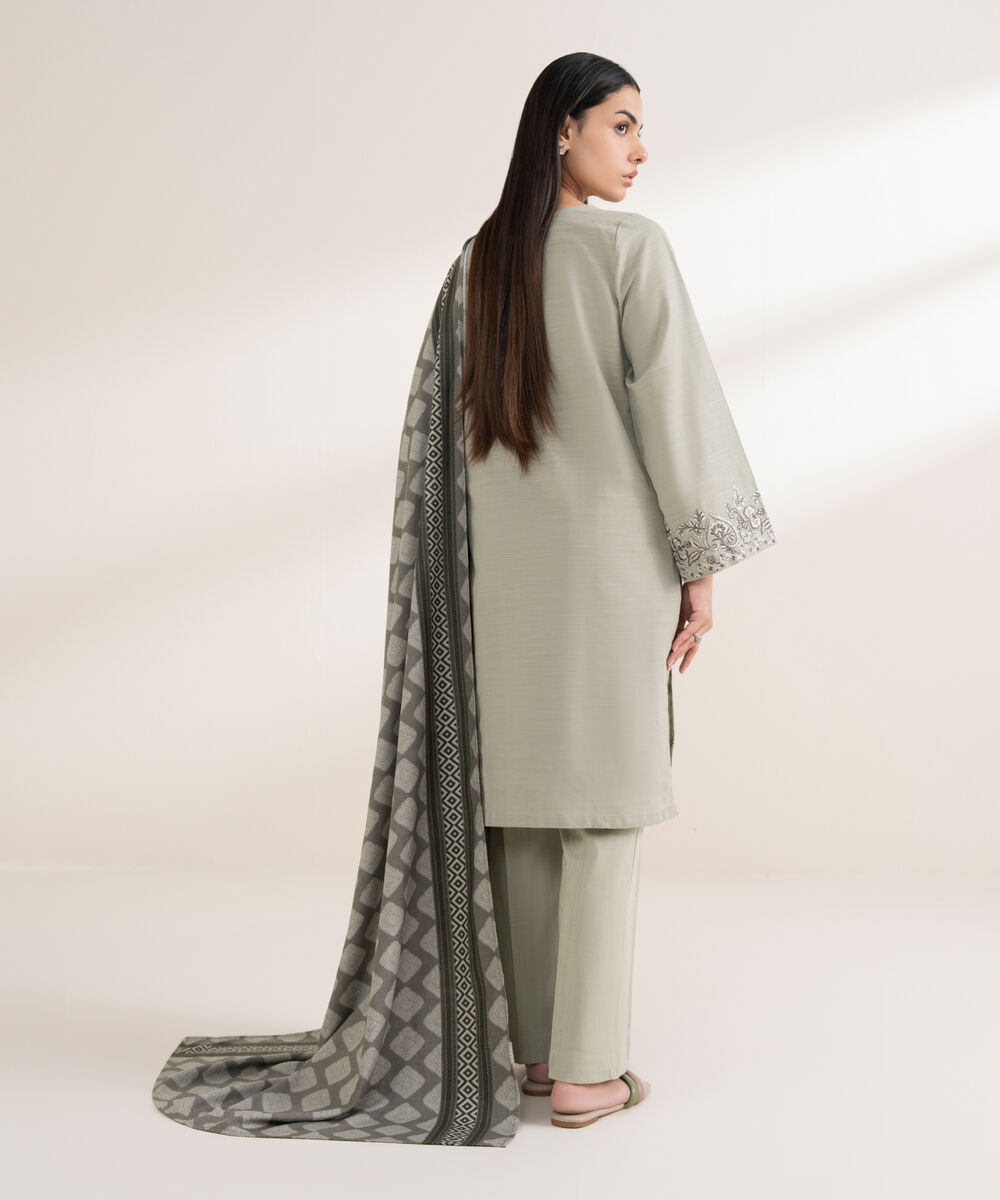 Women's RTW Khaddar Embroidered Grey 3 Piece Suit