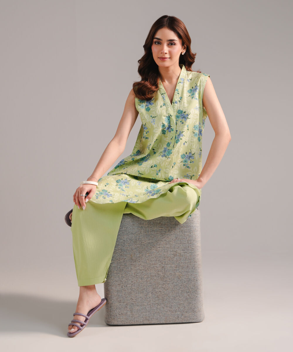 Women's RTW Seersucker Printed Green 2 Piece Suit