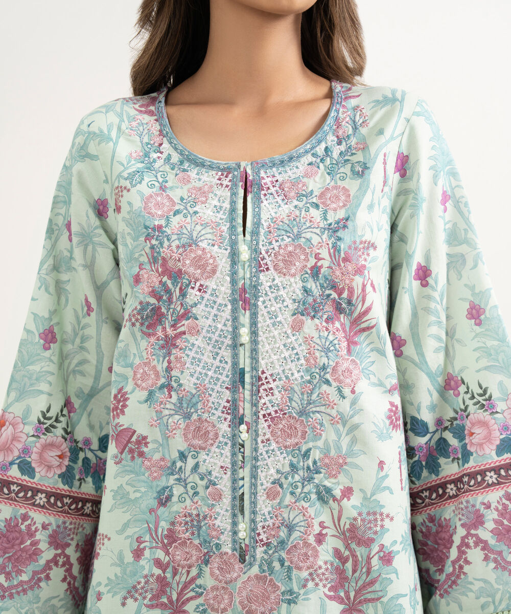 Women's RTW Zari Cotton Embroidered Green A-Line Shirt