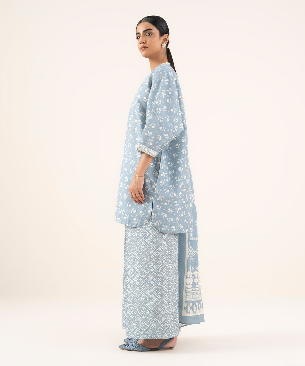 Women's Unstitched Light Khaddar Printed Blue 3 Piece Suit