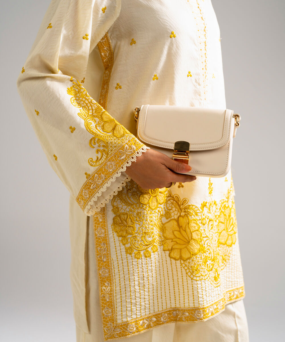 Women's RTW Self Jacquard Embroidered Pale Yellow 2 Piece Suit