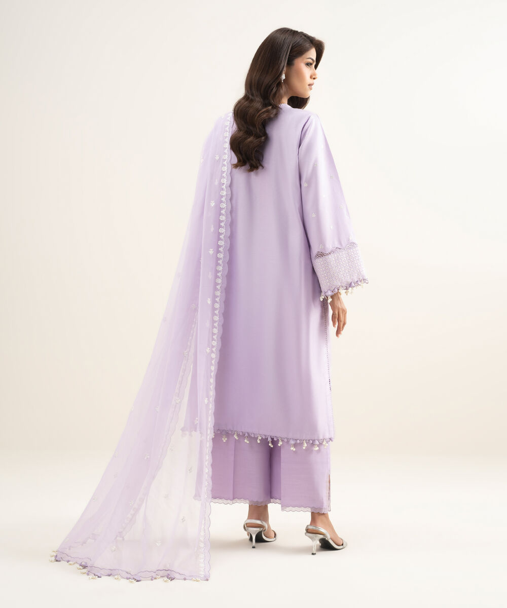 Women's Unstitched Cotton Net Embroidered Purple 3 Piece Suit