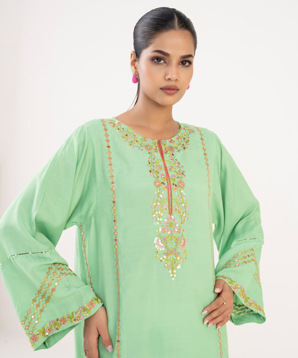 Women's RTW Viscose Raw Silk Mint Green Embroidered 2 Piece Suit