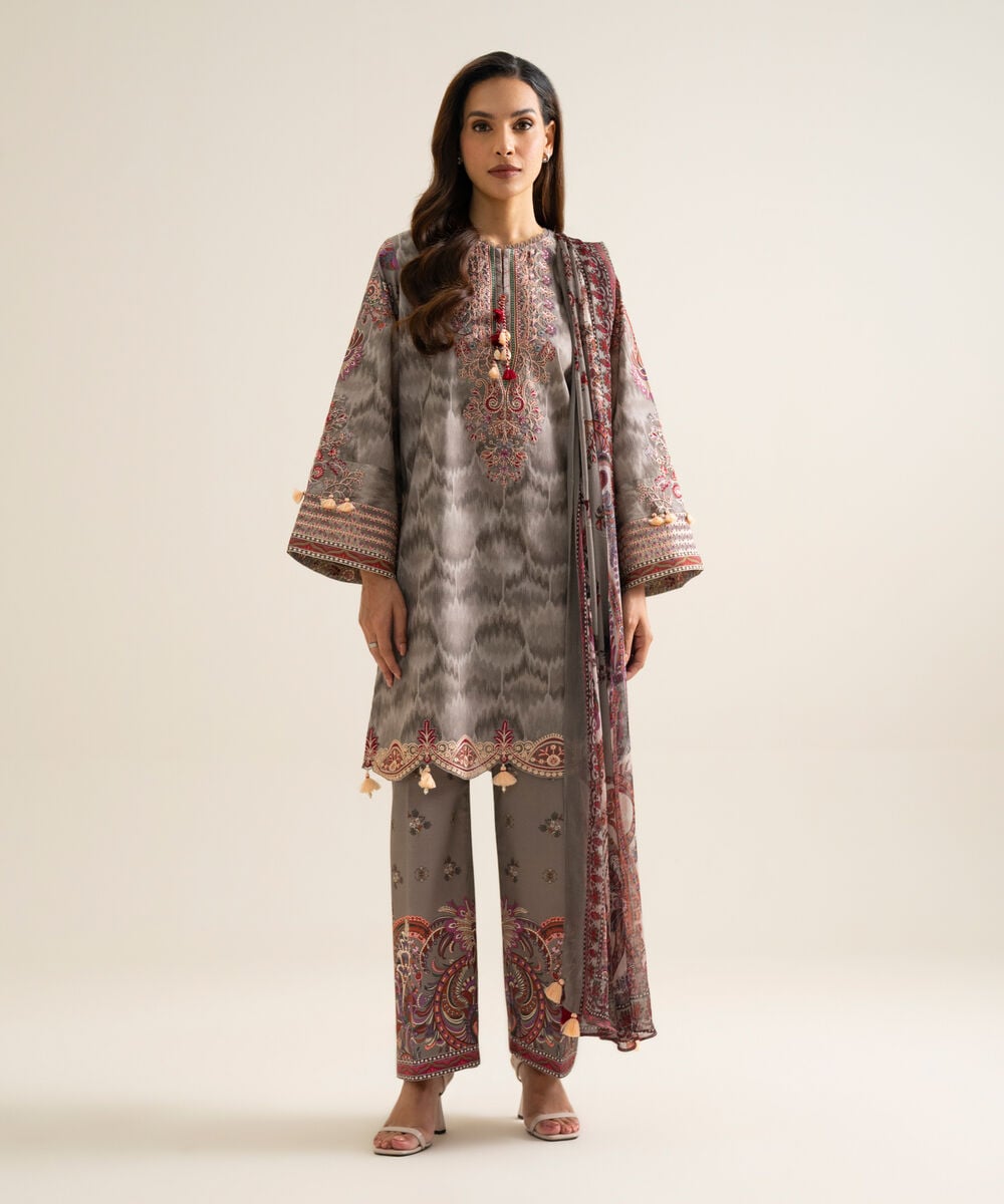 Women's Unstitched Blended Chiffon Printed Grey & Multi 3 Piece Suit