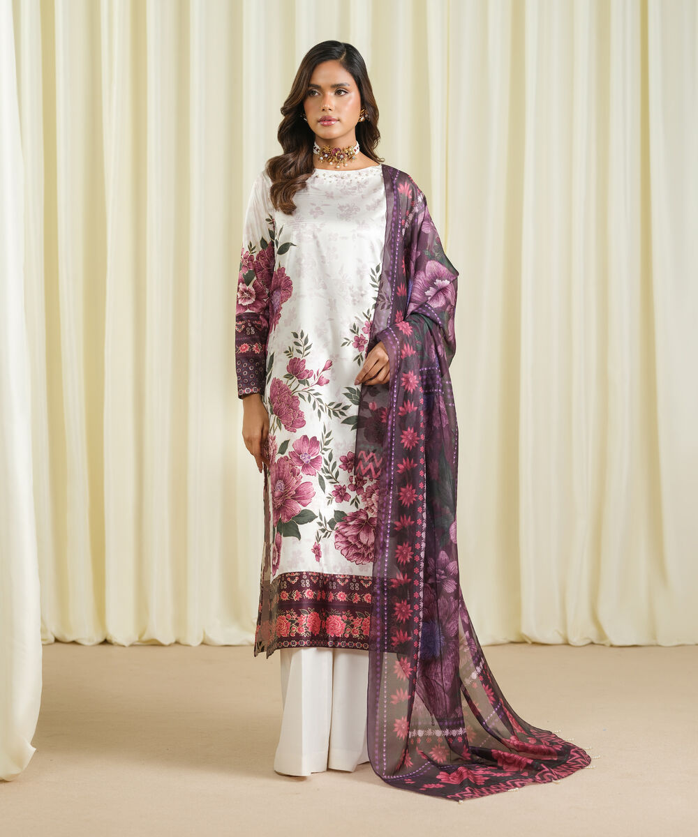 Women's Unstitched Blended Satin Printed Multi 3 Piece Suit
