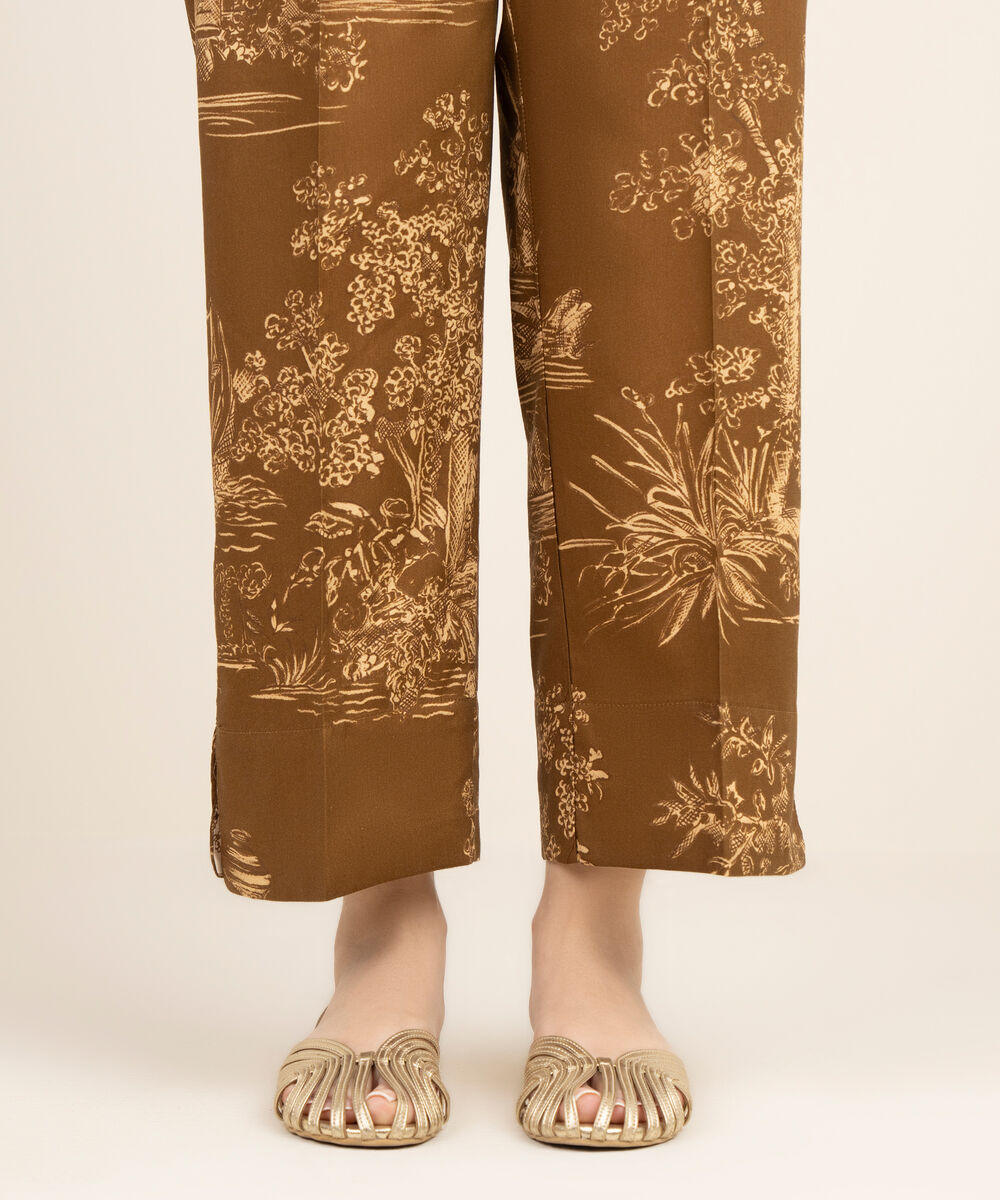 Women's RTW Cotton Viscose Printed Brown Straight Pants