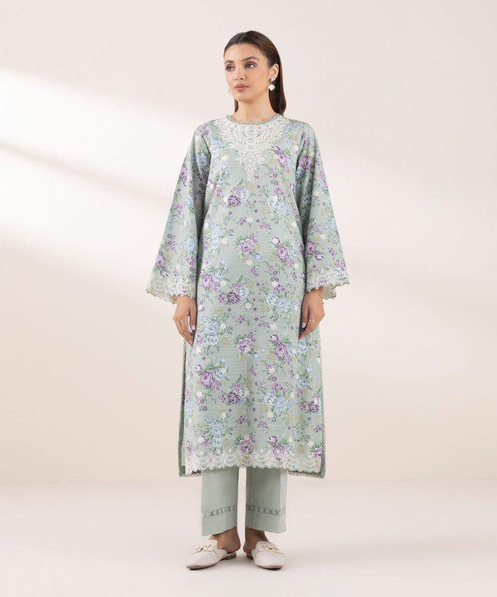 Woman - Green Embroidered Khaddar Shirt