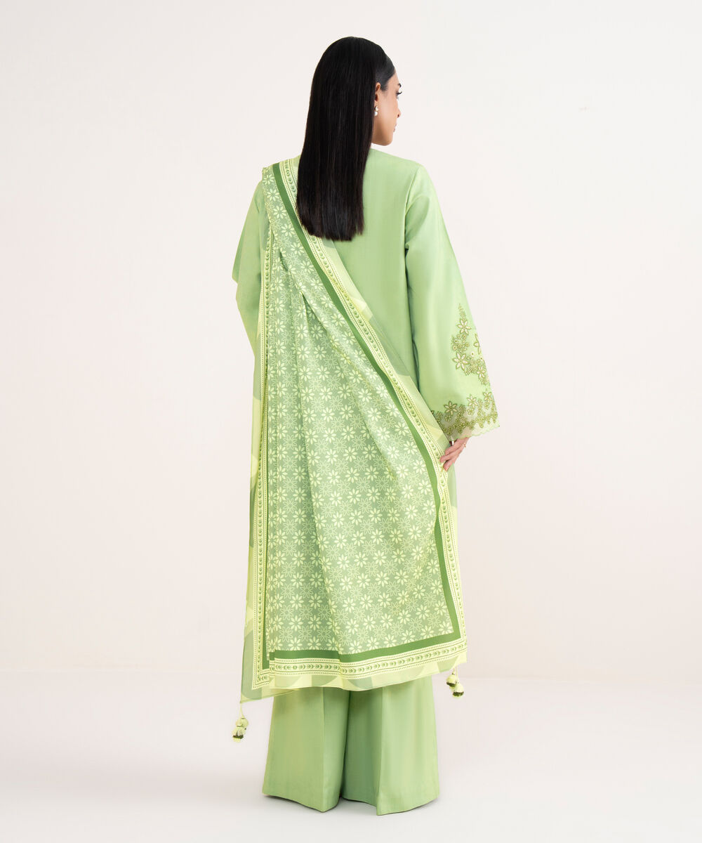 Women's Unstitched Linen Embroidered Green 3 Piece Suit