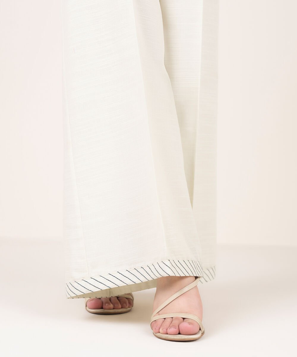 Women's RTW Khaddar Embroidered White Flared Pants