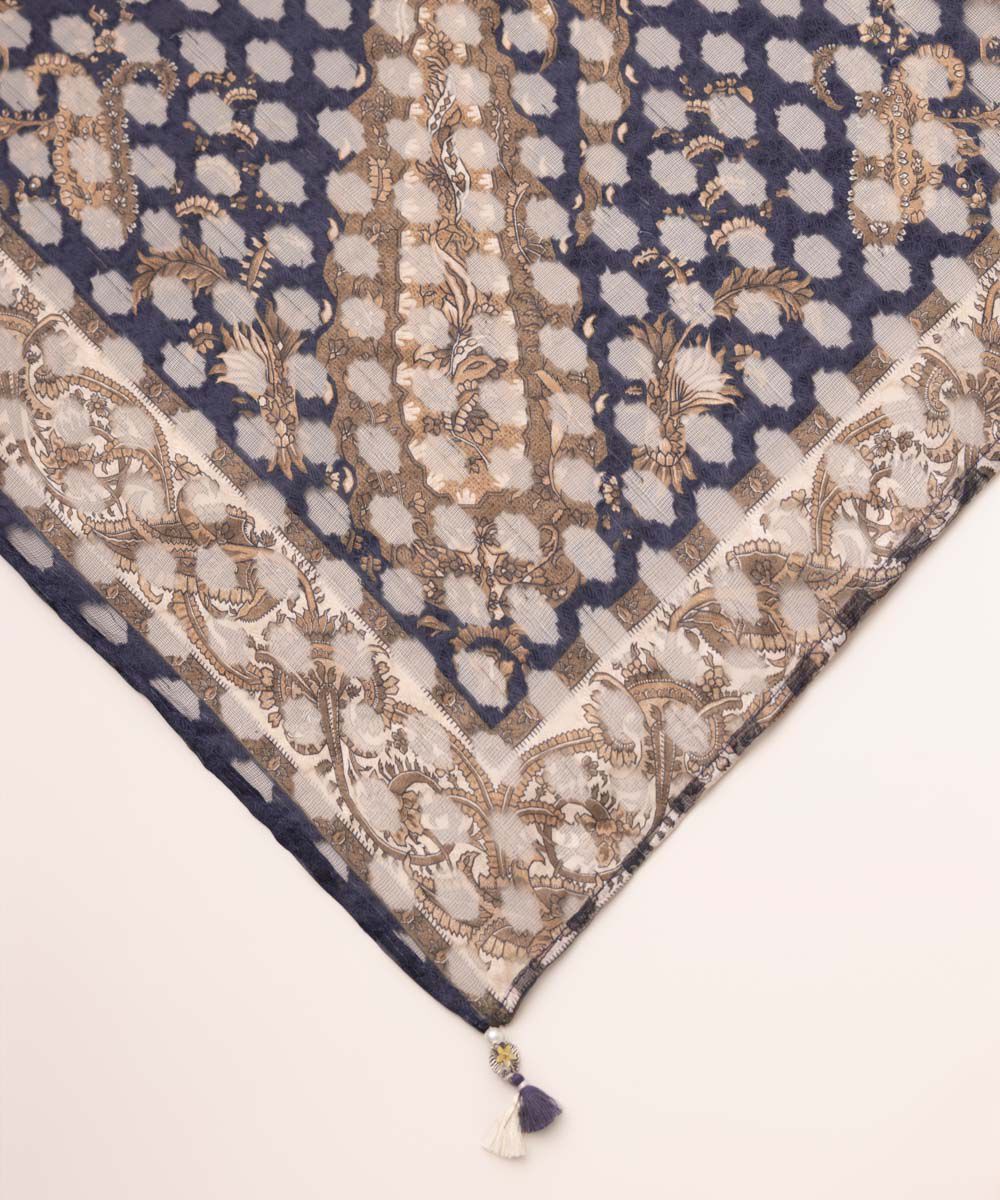 Broche Jacquard Blue Printed Dupatta