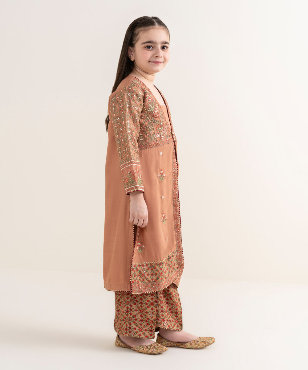 Girl's Viscose Raw Silk Orange Embroidered 2 Piece Suit