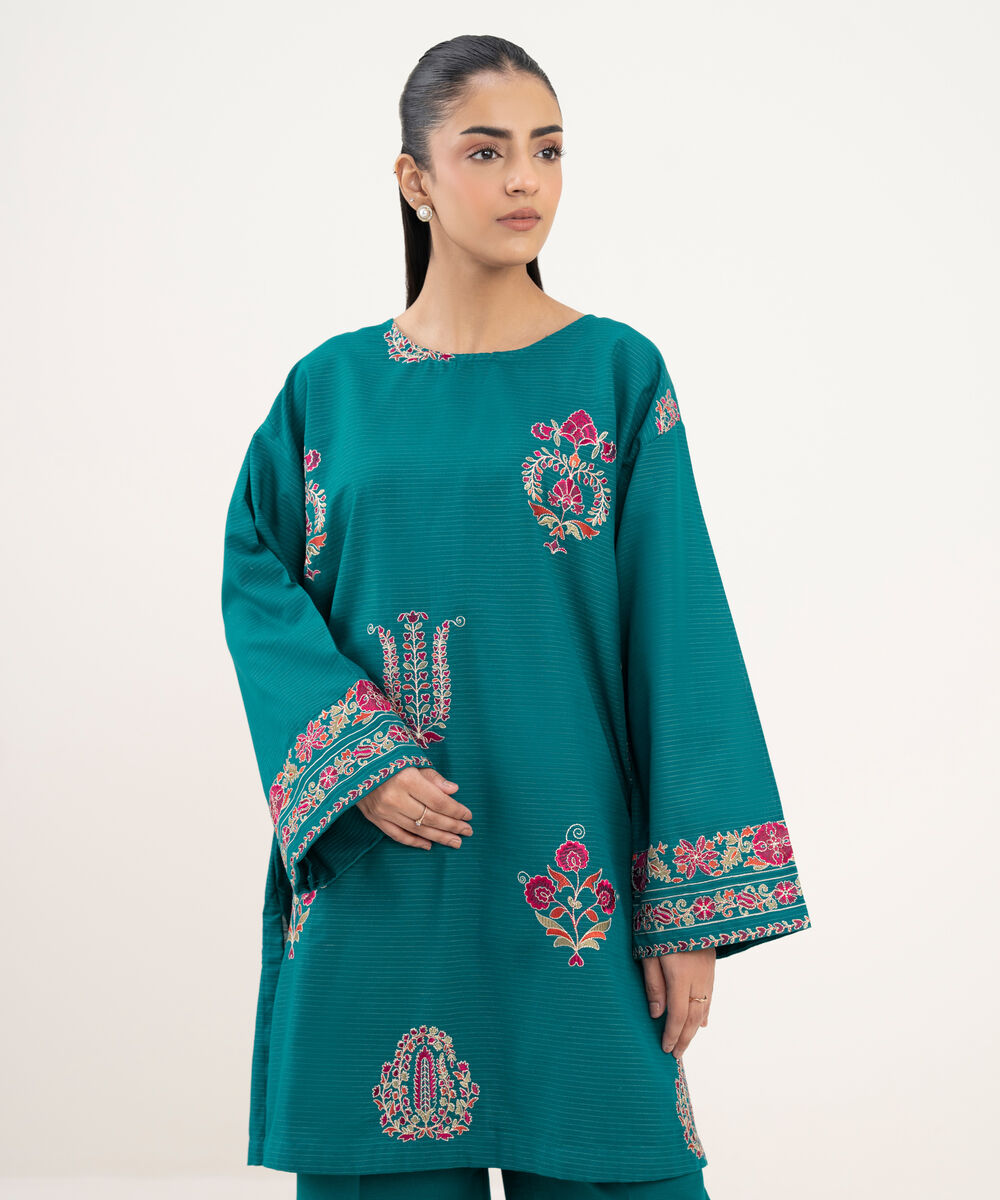 Women's RTW Zari Cotton Embroidered Straight BLue Shirt