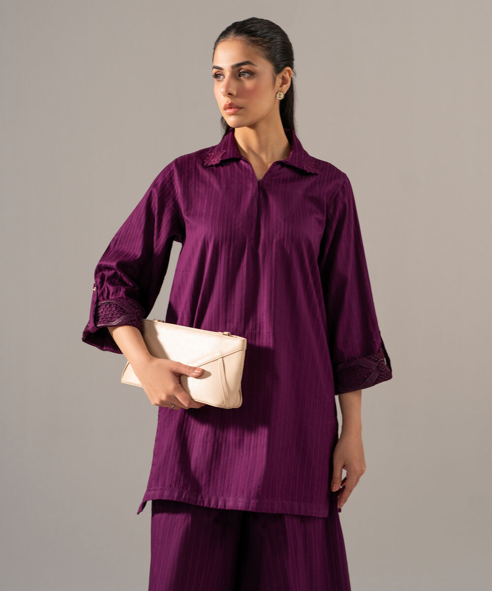 Women's RTW Dobby Strip Solid Purple 2 Piece Suit