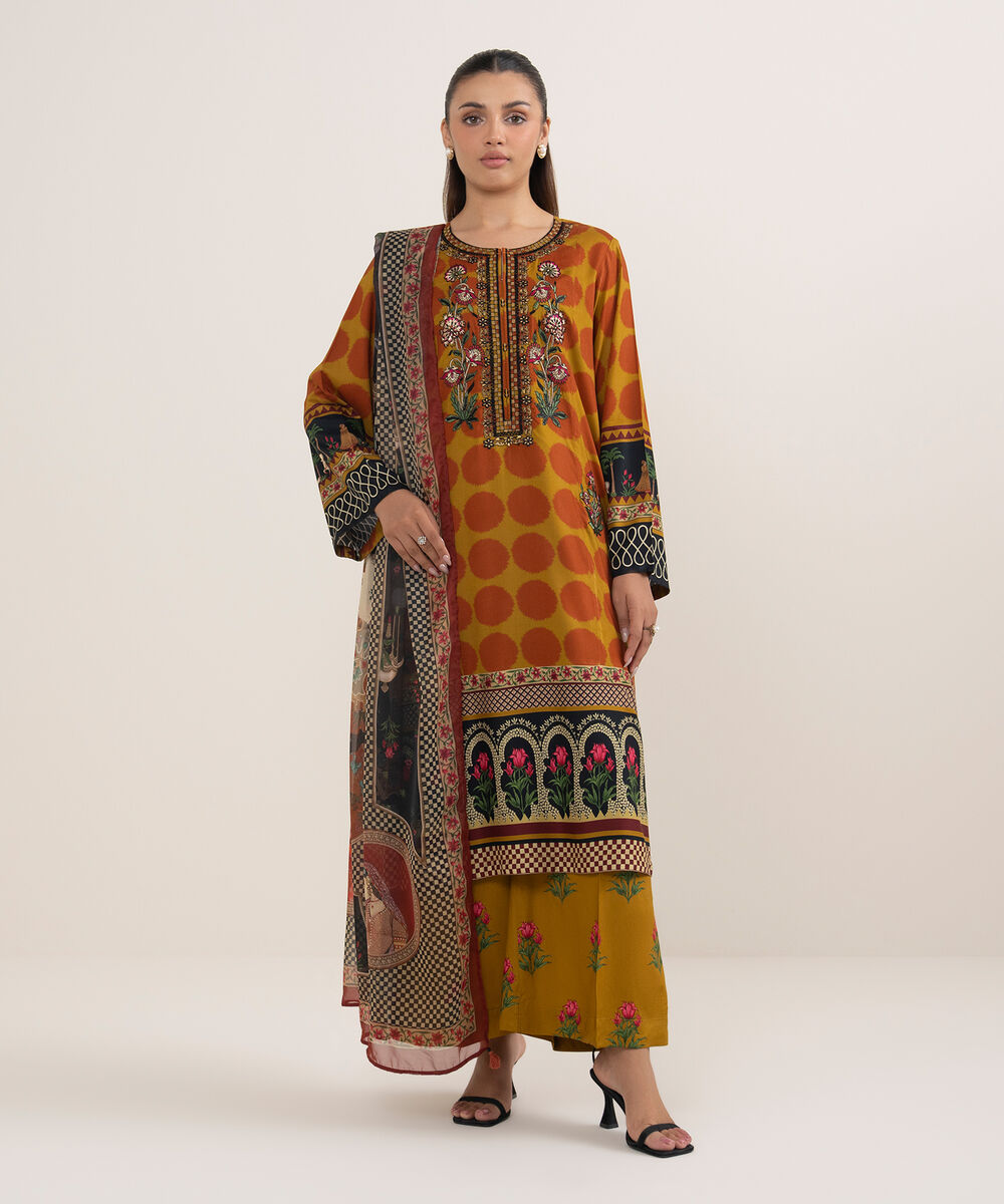 Women's RTW Arabic Lawn Orange Printed Aline Shirt