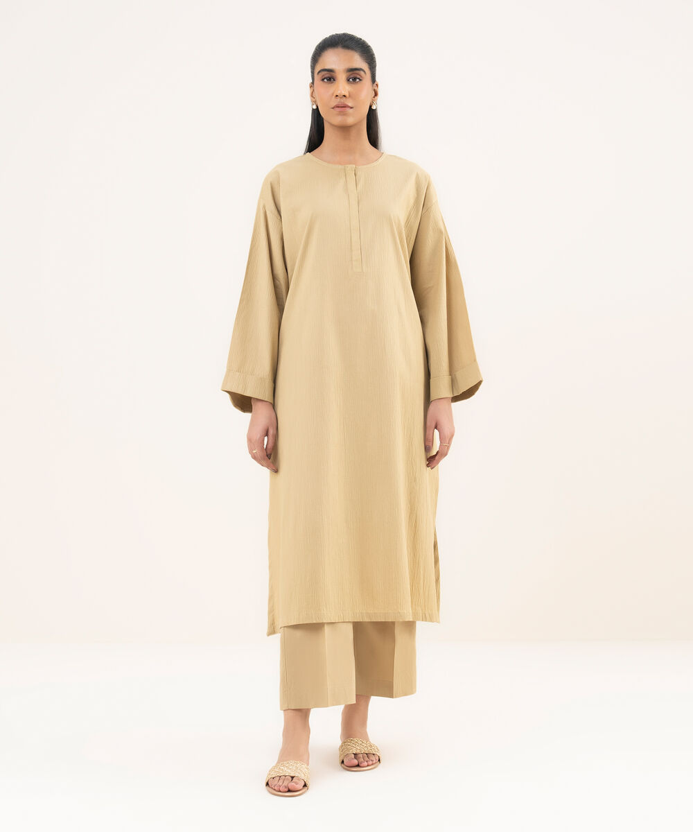 Women's RTW Seersucker Beige Solid Straight Shirt