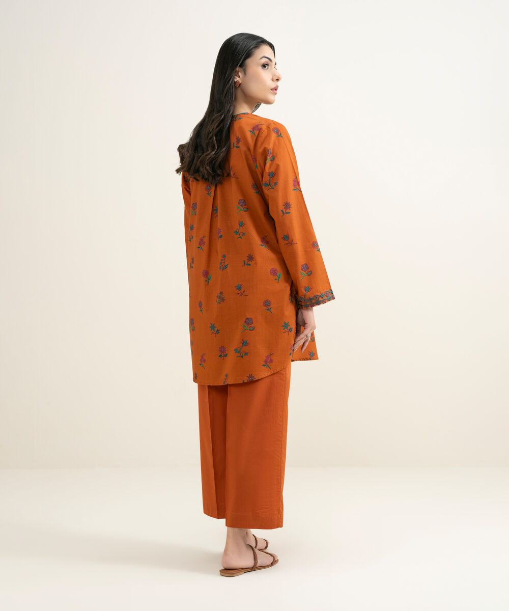 Women's RTW Slub Lawn Embroidered Orange Straight Shirt