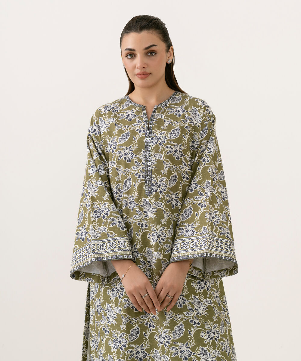 Women's Unstitched Khaddar Printed Green 2 Piece Suit