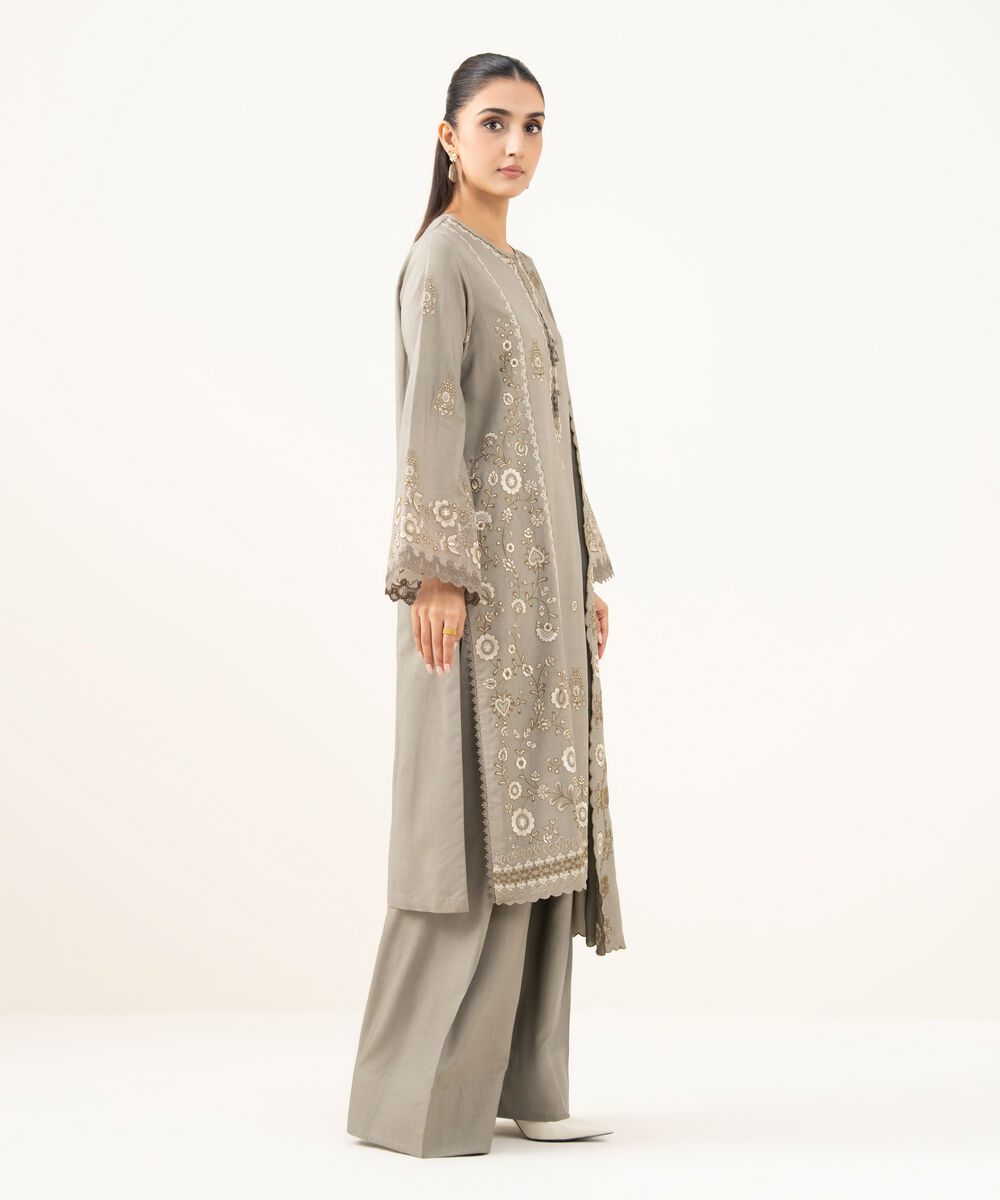 Women's Unstitched Embroidered Linen Beige 3 Piece Suit