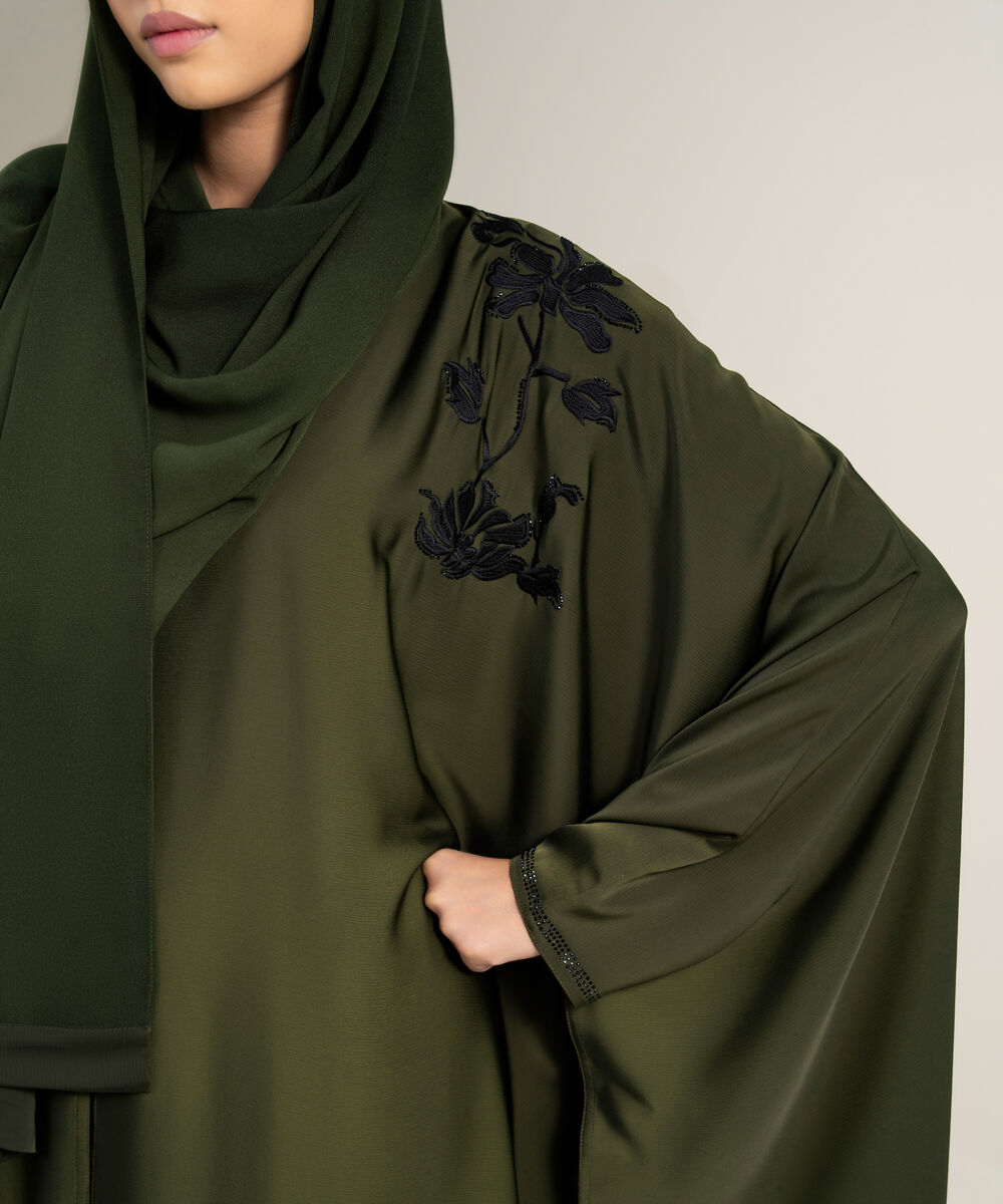 Women's Polyester Green Embellished Cape Abbaya Set