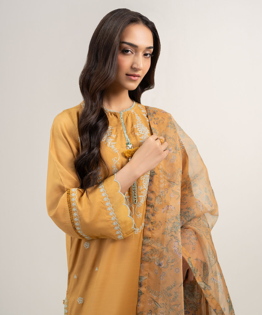 Women's RTW Viscose Raw Silk Embroidered Mustard Brown 3 Piece Suit