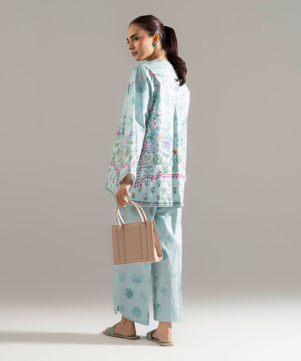 Women's RTW Seersucker Printed Blue Straight Shirt