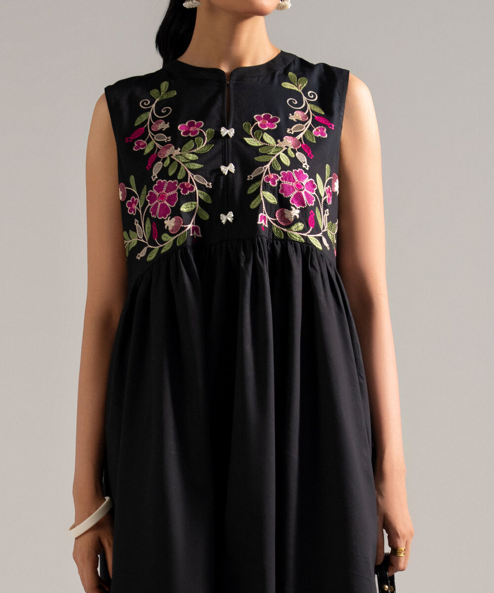 Women's RTW Dobby Embroidered Black Dress Shirt