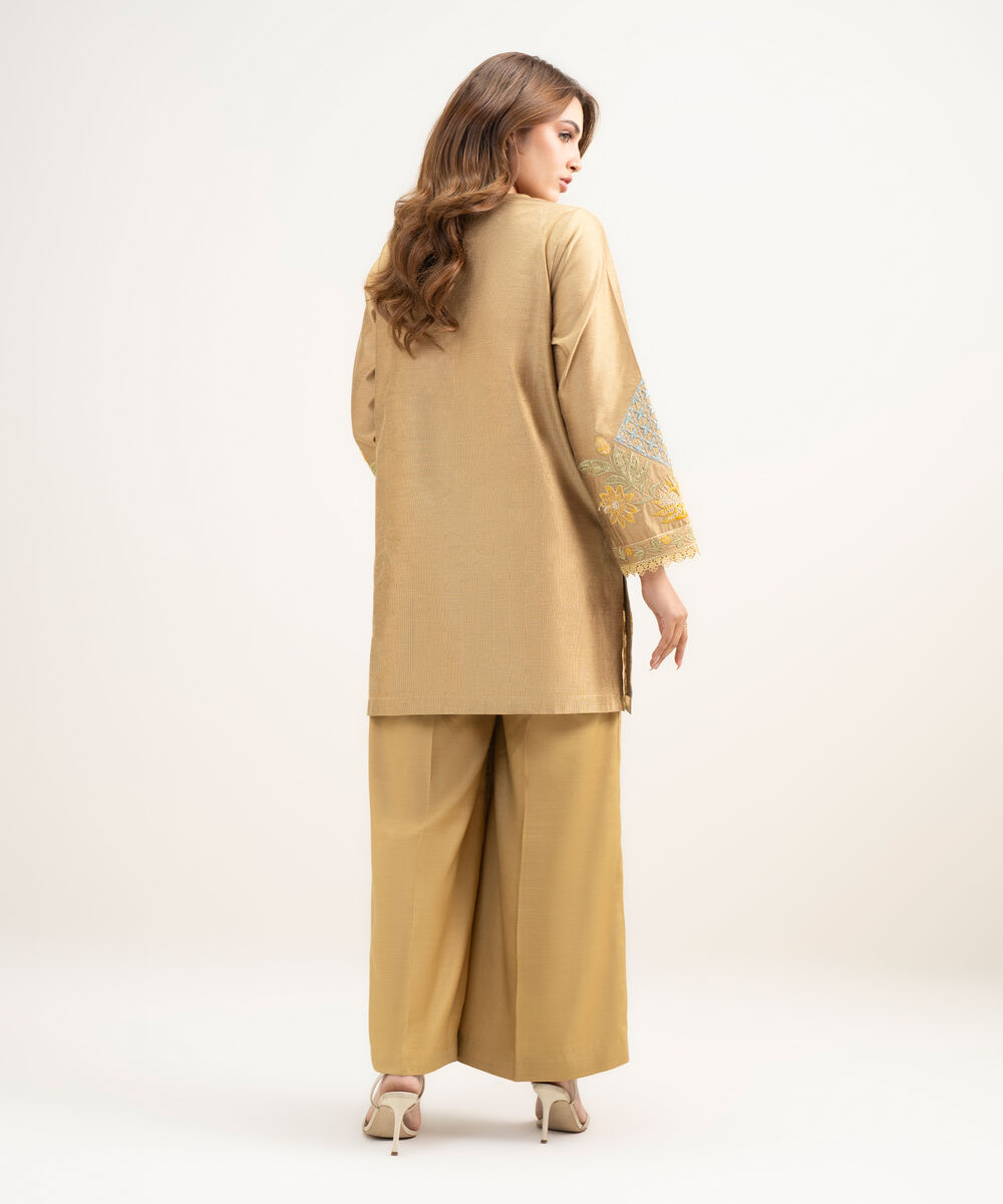 Women's RTW Silk Cotton Net Embroidered Golden 2 Piece Suit