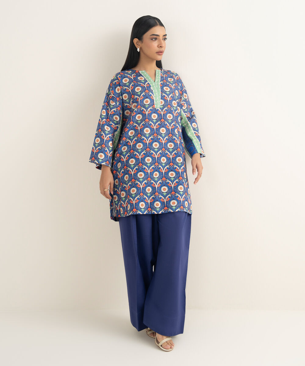 Women's RTW Light Khaddar Printed Blue Drop Shoulder Shirt