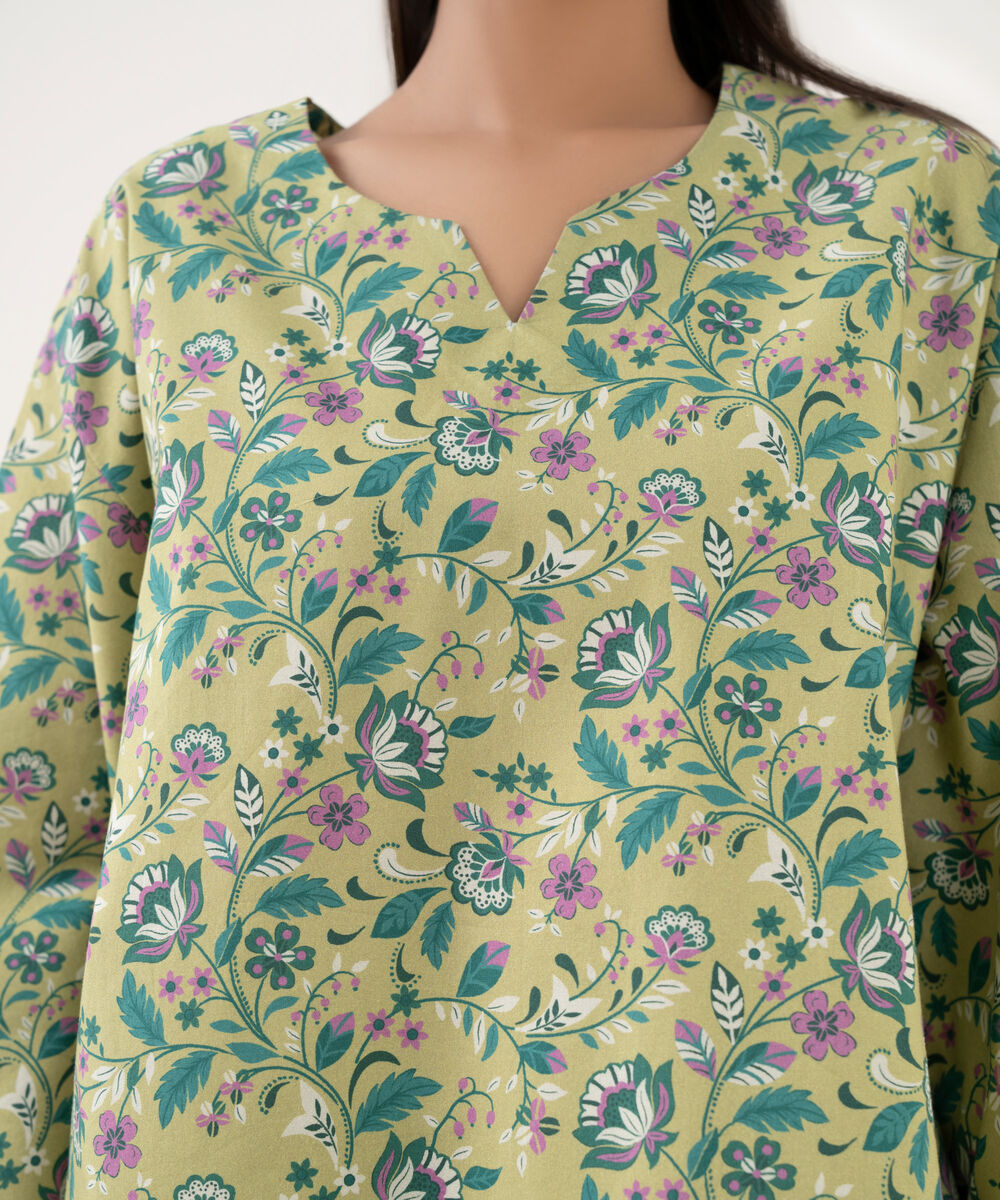 Women's Unstitched Cotton Printed Green Three Piece Suit