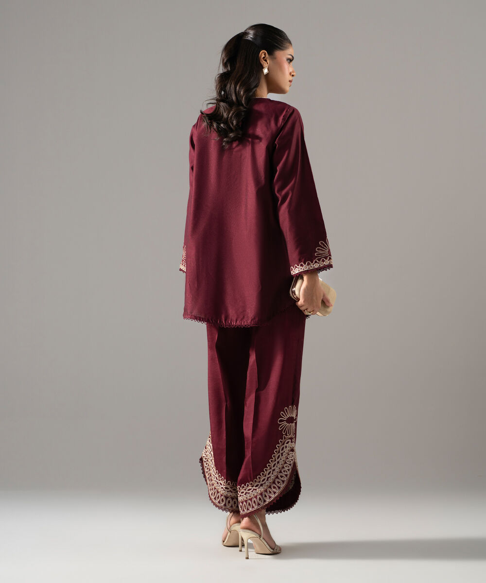 Women's RTW Cotton Net Solid Embroidered Maroon 2 Piece Suit
