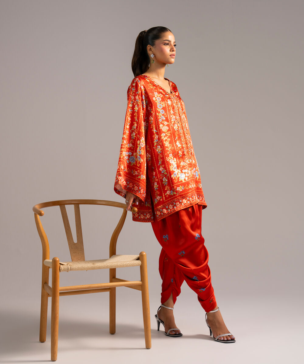 Women's RTW Blended Satin Printed Rust 2 Piece Suit