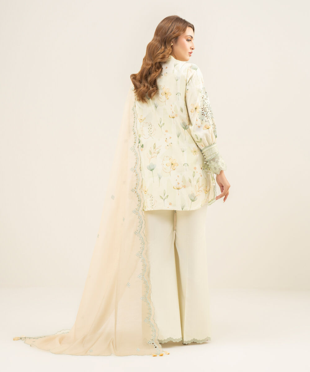 Women's Unstitched Cotton Jacquard Embroidered Off White 3 Piece Suit