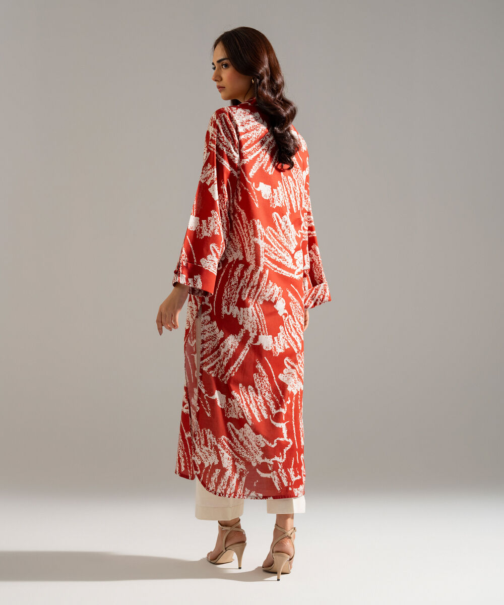 Women's RTW Slub Lawn Printed Red A-Line Shirt