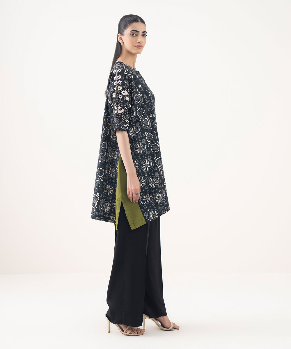 Women's RTW Light Khaddar Black Printed Drop Shoulder Shirt