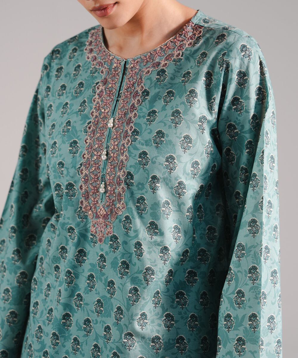 Women's RTW Slub Lawn Embroidered Blue Straight Shirt