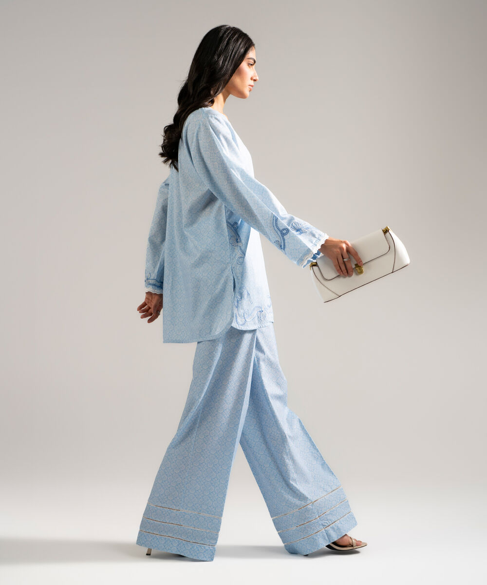 Women's RTW Dobby Embroidered Blue Straight Shirt