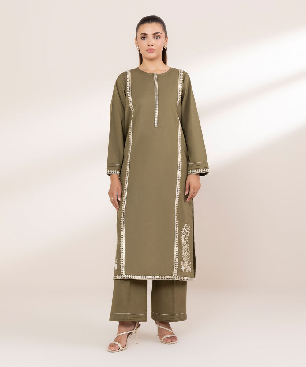 Women's RTW Textured Lawn Green Embroidered A-Line Shirt