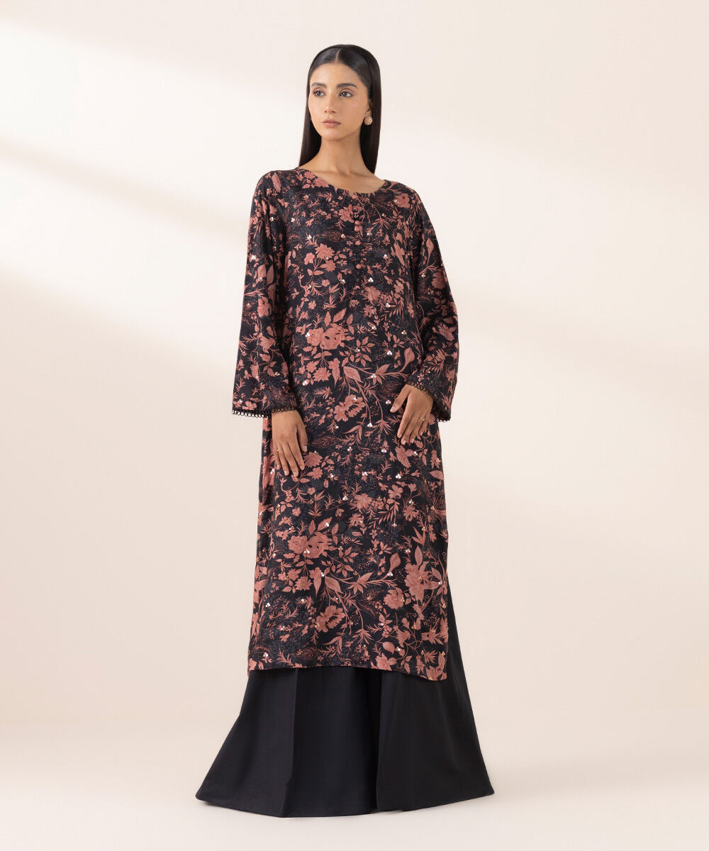 Women's Pret Arabic Lawn Black Embroidered A-Line Shirt