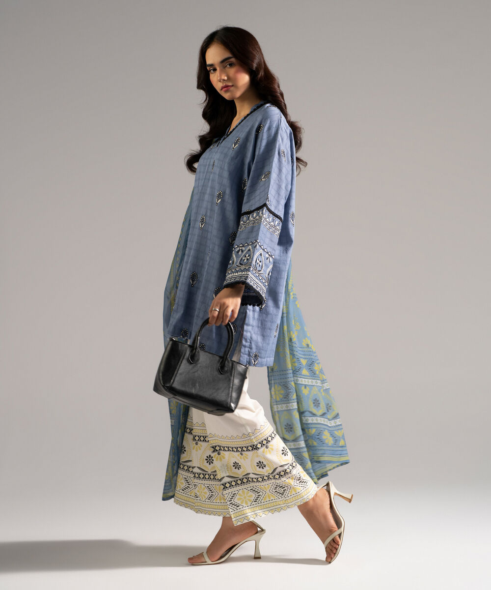Women's RTW Dobby Embroidered Blue 3 Piece Suit