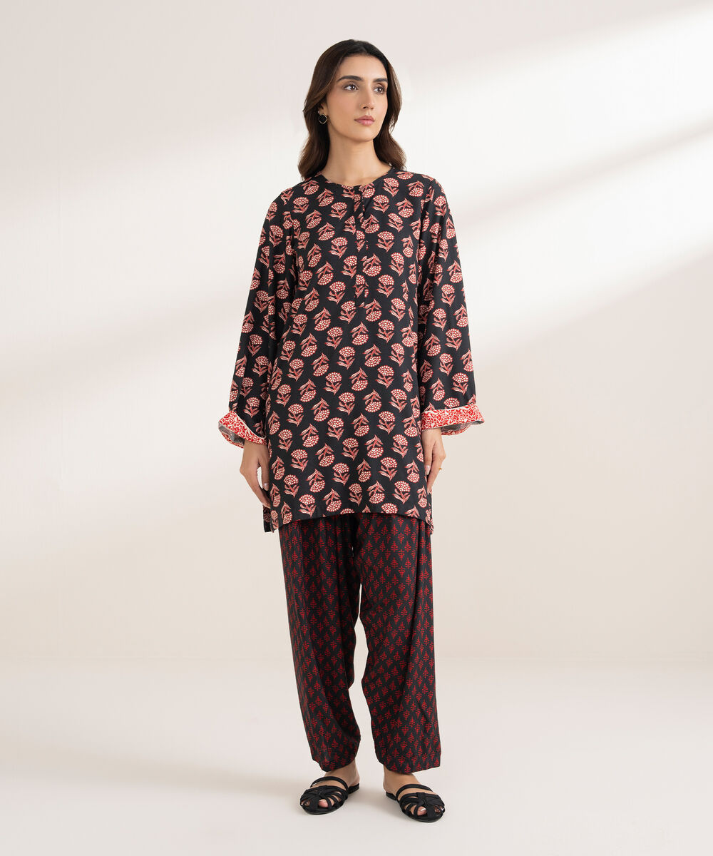 Women's RTW Arabic Dobby Printed Straight Black Shirt