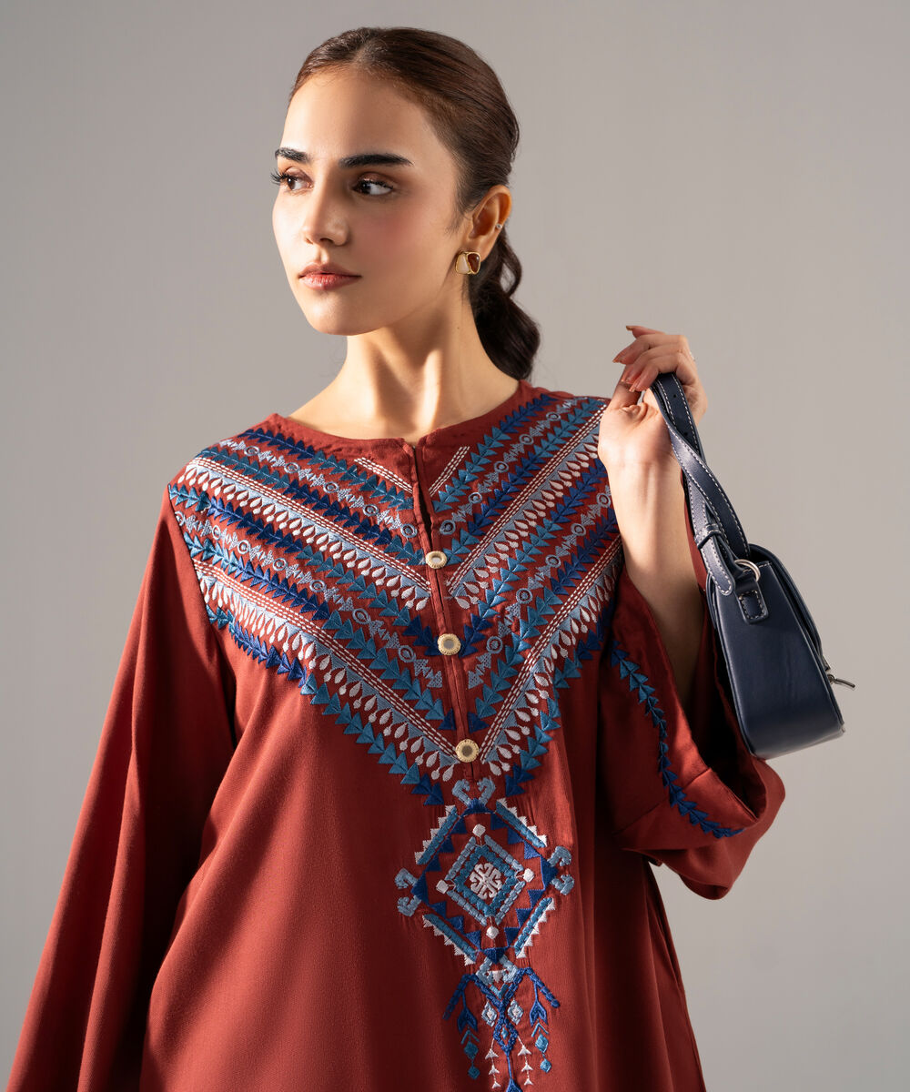 Women's RTW Bedford Solid Embroidered Brown Drop Shoulder Shirt
