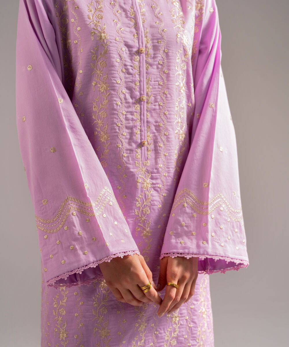 Women's RTW Cotton Satin Embroidered Lilac 3 Piece Suit