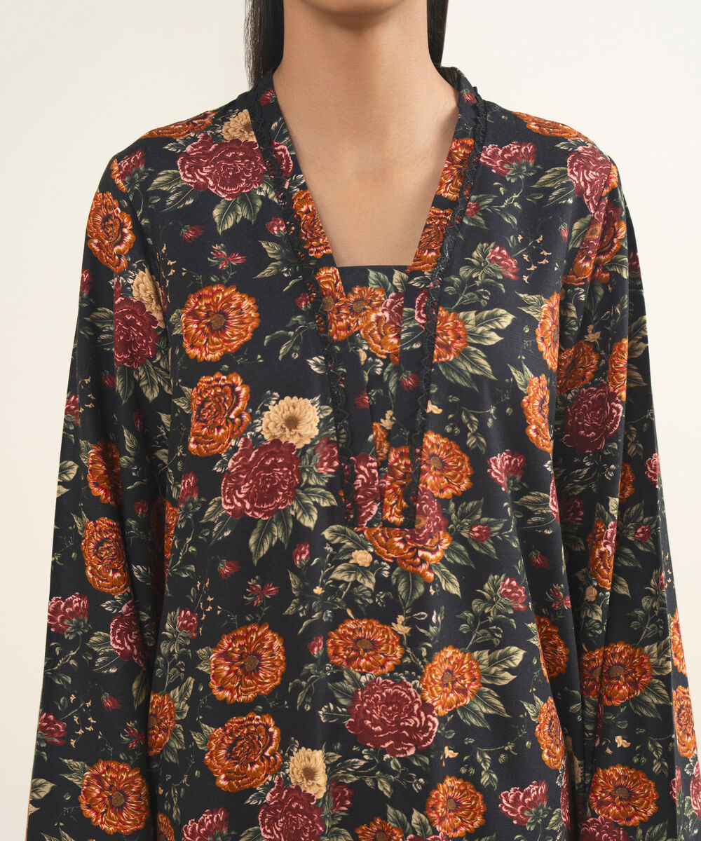 Women's RTW Light Khaddar Printed Black A-Line Shirt