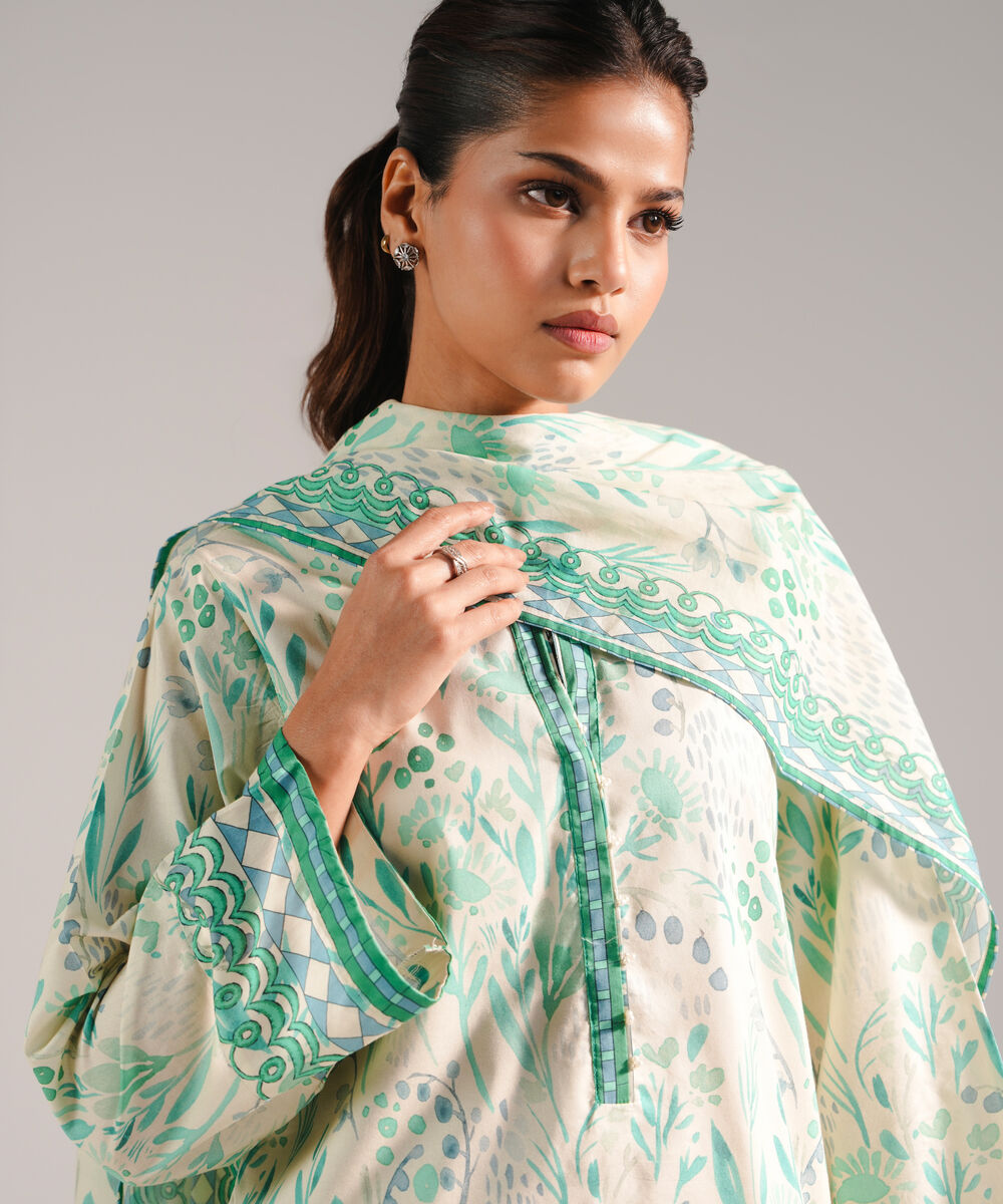 Women's RTW Cotton Viscose Printed Cream 2 Piece Suit