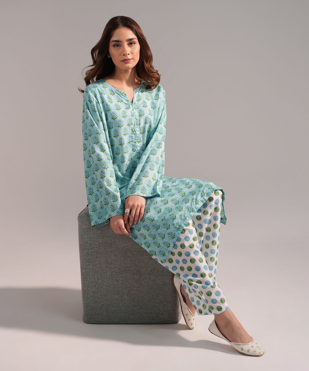 Women's RTW Arabic Lawn Printed Blue Straight Shirt