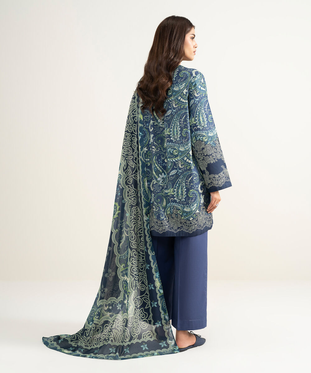 Women's RTW Cambric Printed Blue 3 Piece Suit