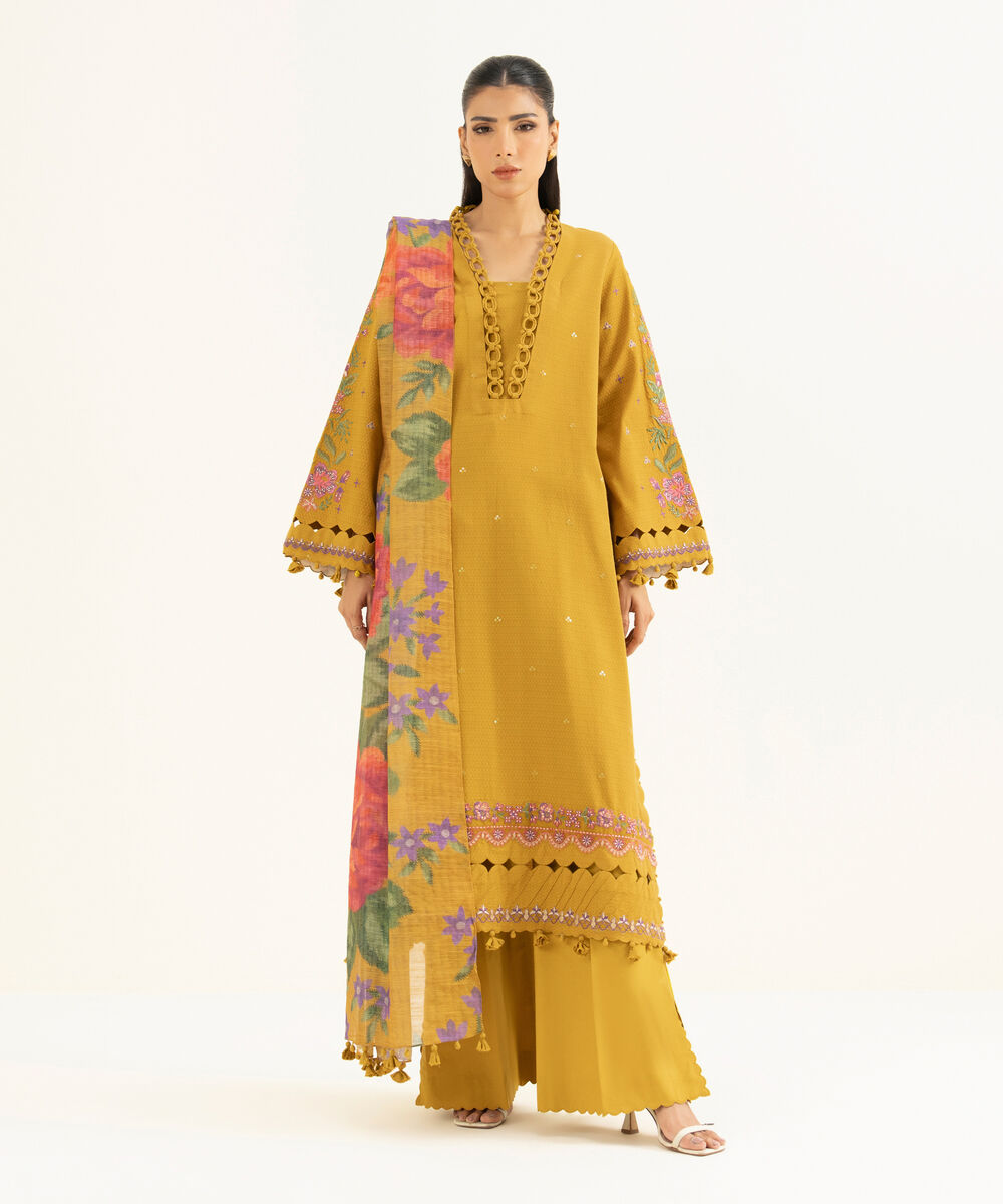 Women's Unstitched Dobby Embroidered Yellow 3 Piece Suit