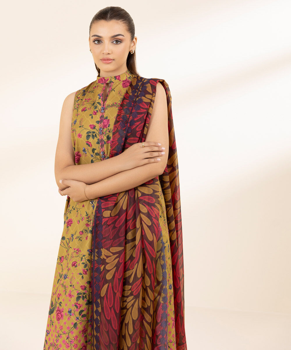 Unstitched Women's Printed Lawn Brown Two Piece Suit