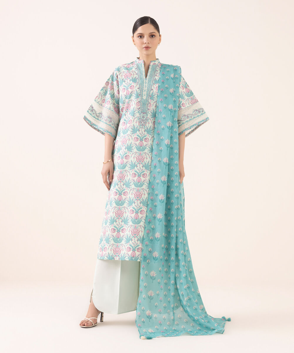 Women's Unstitched Cotton Embroidered Multi Three Piece Suit